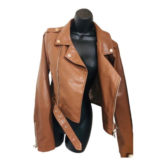 Stoosh brown leather look classic motorcycle biker rocker jacket size XL new - Picture 8 of 15